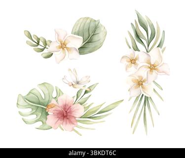 Hibiscus Plumeria Monstera tropicale dispone di foglie di palma. Esotici fiori della giungla africana piante acquerello dipinto a mano estate floreale isolato Foto Stock