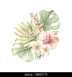 Foglie tropicali di Hibiscus Plumeria Heliconia Monstera. Esotica giungla africana fiori rosa piante. Illustratore isolato floreale estivo dipinto a mano con acquerello Foto Stock