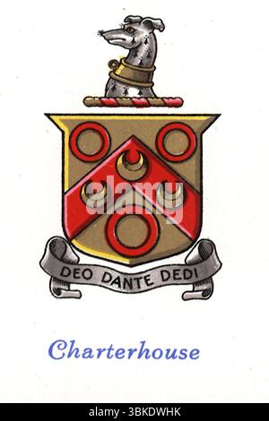 Lo stemma della Charterhouse School che, nel 1872, si trasferì da Londra a Godalming nel Surrey. Dalle carte per sigarette "Arms of Public Schools" pubblicate dalla casa produttrice di tabacco W.D. & H.O. Wills nel 1933. Foto Stock
