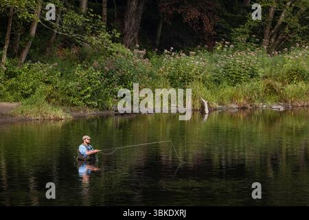 La pesca con la mosca Farmington fiume   Barkhamsted, Connecticut, Stati Uniti d'America Foto Stock