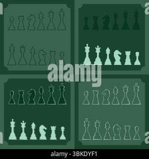Set di icone delle figure degli scacchi. Gioco da tavolo. Re, regina, vescovo, pedone, cavallo, cavaliere, cavolo. Giornata internazionale degli scacchi. Torneo di scacchi. Concetto di strategia Illustrazione Vettoriale