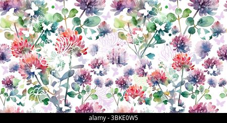 Motivo ad acquerello senza cuciture con fiori selvatici colorati. Clover Acquerello Fiore con farfalle. disegnato a mano. Non ai, illustrazione vettoriale Illustrazione Vettoriale