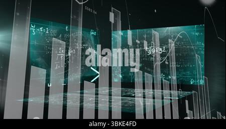 Grafico a barre olografico mobile che mostra le barre traslucide nello spazio digitale, con equazioni Foto Stock