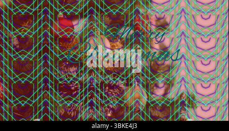 Con testo cursivo di buon Natale su cartolina natalizia, linee a chevron al neon e forme organiche Foto Stock