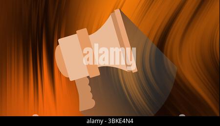 Visualizzazione dell'icona del megafono beige stilizzata su sfondo sfumato arancione marrone e bande vorticose Foto Stock