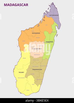 Mappa politica del Madagascar che evidenzia le regioni Illustrazione Vettoriale