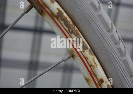 Cose, oggetti, sport, salute. Una vecchia bicicletta rossa in metallo si erge contro una recinzione bianca, su un prato verde. Foto Stock