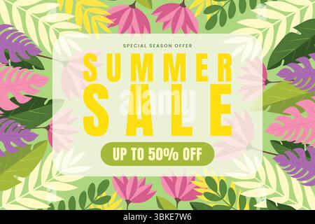 Striscione per i saldi estivi con cornice floreale tropicale in illustrazioni vettoriali con toni verdi morbidi. Illustrazione Vettoriale