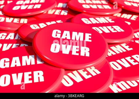 Game Over Game Over. Distintivi rossi sul tavolo con il messaggio Game Over . Giochi per il tempo libero, fine, finale, sfida. Illustrazione 3D badg007s26 game over Foto Stock