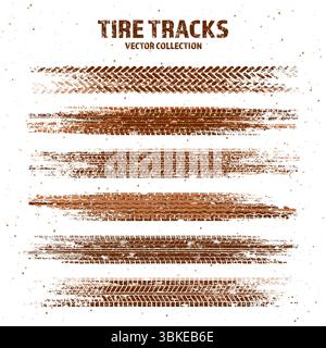 Sgrossare le tracce degli pneumatici con schizzi di fango, segni di frenata delle ruote sporche. Silhouette con battistrada per camion, auto o motociclette. Perfetto per fuoristrada Illustrazione Vettoriale