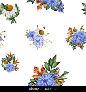 Motivo ad acquerello senza cuciture con margherita, rudbeckia, ramoscelli e foglie verdi, fiori blu, foglie d'acero essiccate. Illustrazione botanica su sfondo bianco. Foto Stock