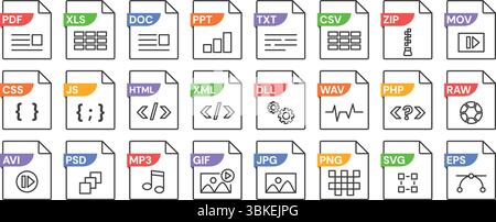Icone di formato file lineare con vari formati PDF, JPG e MP3, JS e XML, DLL e SVG, CSV e PSD, png e DOC. Tipi di file con estensione del documento Illustrazione Vettoriale