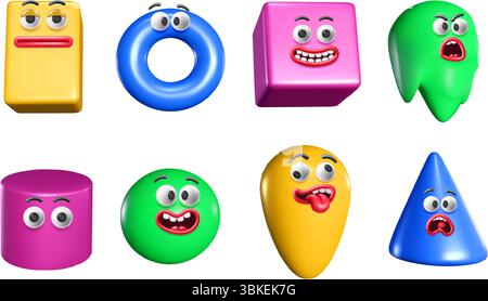 Plastica colorata e stravagante dalle forme 3D. Figure geometriche astratte con espressioni facciali divertenti. Creature giocose e folli personaggi mascotte isolate Illustrazione Vettoriale