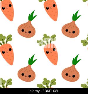 Motivo senza cuciture con carote e cipolla. Verdure carine. Verdure con volti carini in stile kawaii. Foto Stock