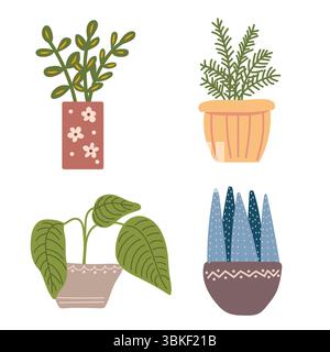 Set di piante in vaso. Piante da ufficio in pentole. Illustrazione Vettoriale