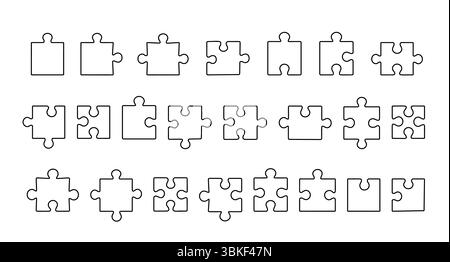 Puzzle pezzi separati Set semplice contorno doodle illustrazione disegnata a mano, linea elementi di design del gioco per bambini e adulti Illustrazione Vettoriale