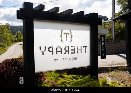 Firma presso il vigneto Therapy di Naramata nell'Okanagan, British Columbia, Canada Foto Stock