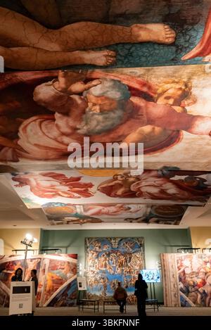 San Francisco, Stati Uniti. 20 giugno 2025. La mostra "Cappella Sistina di Michelangelo: The Experience" apre al pubblico il 21 giugno per tre mesi presso la Cattedrale di Santa Maria (1111 Gough Street, San Francisco). I visitatori possono ammirare "il giudizio universale" mentre sono immersi in una galleria di esposizioni dal soffitto al pavimento. La mostra consente ai visitatori di ammirare da vicino i capolavori di Michelangelo dalla Cappella Sistina del Vaticano. Utilizzando la fotografia ad alta definizione e una tecnica di stampa innovativa, gli affreschi del soffitto sono stati ricreati nelle loro dimensioni originali. Crediti: Shelly Rivoli/Alamy Foto Stock