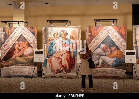 San Francisco, Stati Uniti. 20 giugno 2025. La mostra "Cappella Sistina di Michelangelo: The Experience" apre al pubblico il 21 giugno per tre mesi presso la Cattedrale di Santa Maria (1111 Gough Street, San Francisco). Un visitatore osserva i pannelli con le scene "gli antenati di Cristo". La mostra consente ai visitatori di ammirare da vicino i capolavori di Michelangelo dalla Cappella Sistina del Vaticano. Utilizzando la fotografia ad alta definizione e una tecnica di stampa innovativa, gli affreschi del soffitto sono stati ricreati nelle loro dimensioni originali. Crediti: Shelly Rivoli/Alamy Foto Stock