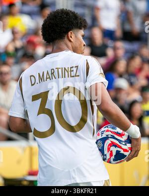 Nashville, Stati Uniti. 20 giugno 2025. L'attaccante del LAFC David Martinez (30) calci dall'angolo durante la prima metà della partita di Coppa del mondo per club FIFA contro l'Esperance sportive De Tunisie al GEODIS Park di Nashville, Tennessee, il 20 giugno 2025. (Foto di Kindell Buchanan/Sipa USA) credito: SIPA USA/Alamy Live News Foto Stock