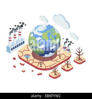 Riscaldamento globale isometrico con inquinamento e deforestazione. Concetto di riscaldamento globale e inquinamento Illustrazione Vettoriale