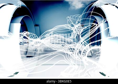 Le vorticose tracce di luce bianca si intrecciano tra strutture ad anello sul cielo blu gradiente nel rendering 3D. Foto Stock
