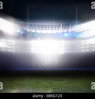 Il campo da stadio si illumina sotto i riflettori in un'illustrazione dal design piatto, con fasci di luce sull'erba Foto Stock