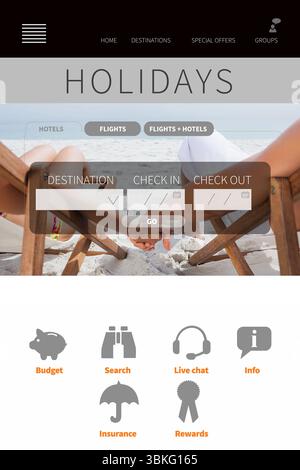 Pagina web di design piatto che mostra la scena della spiaggia con coppia sdraiata su sedie, bar del navicello e modulo di prenotazione Foto Stock