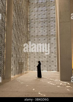Ombre dell'interno della moschea con motivi mashrabiya presso la Casa della famiglia Abrahamic situata nel quartiere culturale dell'isola di Saadiyat, Abu Dhabi Foto Stock