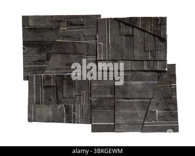 Forma rettangolare complessa creata manualmente da carta stampata nera triturata su sfondo bianco con percorso di ritaglio Foto Stock