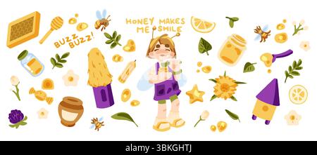 Cartoni animati piatti con un bambino sorridente in costume d'ape circondato da barattoli di miele, api, fiori ed elementi apicoli. Colori caldi, sfondo bianco, ch Illustrazione Vettoriale