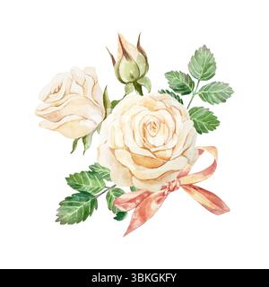 Rosa acquerello pesca. Illustrazione vettoriale disegnata a mano di un bellissimo bouquet di fiori pastello con un fiocco rosso. Biglietti di auguri di compleanno, Valentines da Illustrazione Vettoriale