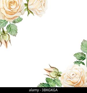 Rose cornice di pesca, acquerello. Illustrazione vettoriale disegnata a mano di fiori pastello. Per biglietti di auguri di compleanno, San Valentino, inviti di nozze Illustrazione Vettoriale