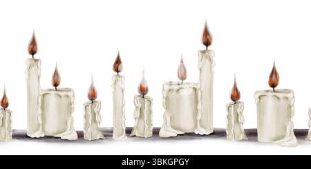 Bordo senza cuciture delle candele gotiche le candele bianche lunghe e corte bruciano. La cera sta sciogliendo le candele si trovano su una superficie tematica. Acquerello Foto Stock