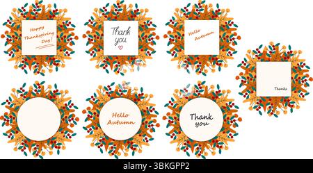 Buon giorno del Ringraziamento Grazie Hello Autumn Lettering on Note Pages Autumn Leaves Wreath Bundle. Illustrazione vettore isolato biglietti d'auguri per le feste autunnali poster o banner, opuscolo, etichetta Illustrazione Vettoriale