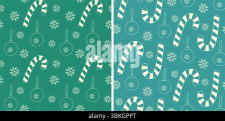 Candy cane a righe disegnato con gesso, fiocco di neve e palla di Natale con motivo senza cuciture sullo sfondo di colore. Illustrazione di un vettore isolato opuscoli, poster, set da imballaggio per le festività natalizie Illustrazione Vettoriale