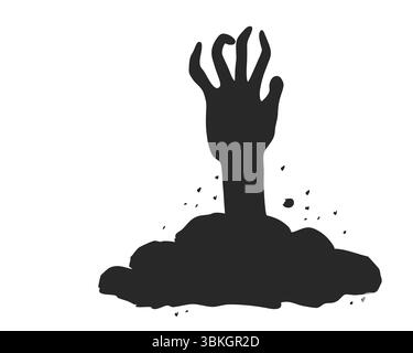 Spaventosa silhouette a mano zombie che si solleva da terra la notte di Halloween. Elemento horror vettoriale per un design spaventoso. Spaventosa sagoma della mano di Halloween che arriva dal suolo del cimitero. Illustrazione vettoriale Illustrazione Vettoriale