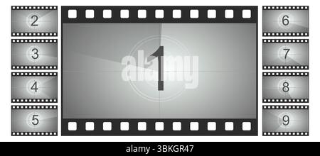 Video con conto alla rovescia, animazione introduttiva film schermata video retrò. Impostazione timer avvio, bordo pellicola, contatore Vintage. Illustrazione vettoriale Illustrazione Vettoriale