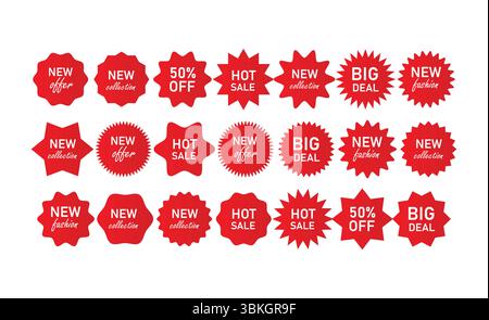 Set di badge promozionali rossi con testo come "vendita calda", "sconto del 50%" e "nuova offerta". Perfetto per marketing, eCommerce e design pubblicitario. Illustrazione Vettoriale