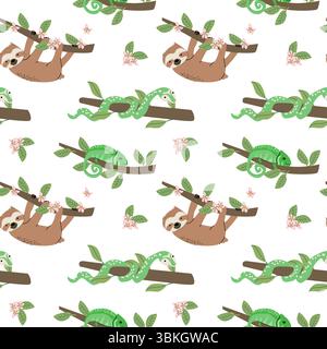 Modello di animali tropicali con bradipi e camaleonti sui rami per la progettazione di tessuti o carta da parati. Illustrazione Vettoriale