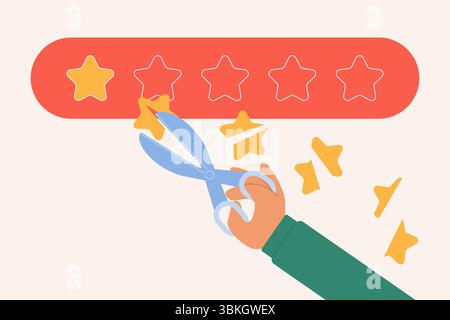 Feedback negativo dei clienti, gestione della reputazione del marchio. Mano del cliente con forbici che riducono le stelle di valutazione a uno a causa dell'esperienza negativa nell'uso di un'illustrazione vettoriale del cartone animato di prodotti o servizi Illustrazione Vettoriale