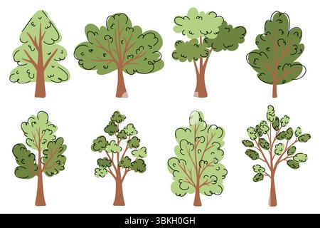 Collezione di alberi verdi in stile piatto disegnato a mano. Set di simboli per scarabocchi in legno. Alberi primaverili ed estivi. Icone artistiche della foresta per le presentazioni Illustrazione Vettoriale