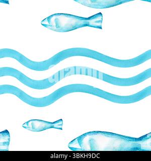 Motivo acquerello marino senza cuciture. Onde e pesci stilizzati su sfondo bianco. L'illustrazione è di colore turchese. Sfondo senza interruzioni con Foto Stock