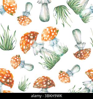 Motivo senza cuciture con agarico e erba mosca su sfondo bianco. Illustrazione ad acquerello con funghi rossi velenosi e erba verde. Senza interruzioni Foto Stock