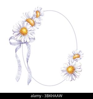 Cornice ovale acquerello con margherite e nastro in pizzo, disegnata a mano. Un'illustrazione botanica di un modello con una posizione vuota da inserire. Delicato Foto Stock