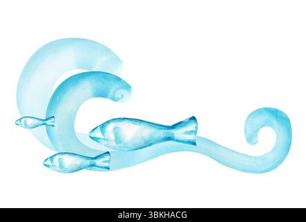Composizione stilizzata con un'onda marina e pesci su sfondo bianco. Illustrazione acquerello in colore turchese. Isolato. Un clipart per il vostro marine Foto Stock