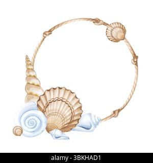 Una struttura rotonda ad acquerello realizzata in corda di iuta con nodi e conchiglie varie è isolata su uno sfondo bianco. Un modello a tema marino. Vuoto Foto Stock