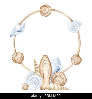 Una struttura rotonda in corda di iuta con conchiglie diverse e una composizione di conchiglie e una figura di pesce di legno stilizzata. Illustrazione acquerello su a. Foto Stock