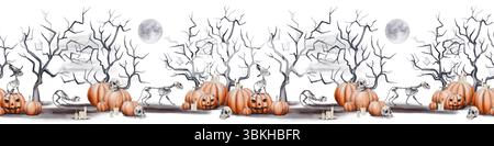 Bordo perfetto con scheletri di gatto e foresta spaventosa. Arredamento di Halloween. Zucche e teschi. Le candele stanno bruciando. Luna piena. Scene scure. Acquerello Foto Stock