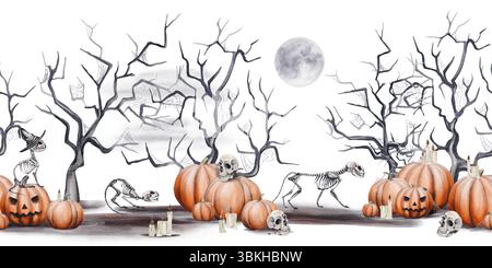 Bordo perfetto con scheletri di gatto e foresta spaventosa. Arredamento di Halloween. Zucche e teschi. Le candele stanno bruciando. Luna piena. Scene scure. Acquerello Foto Stock